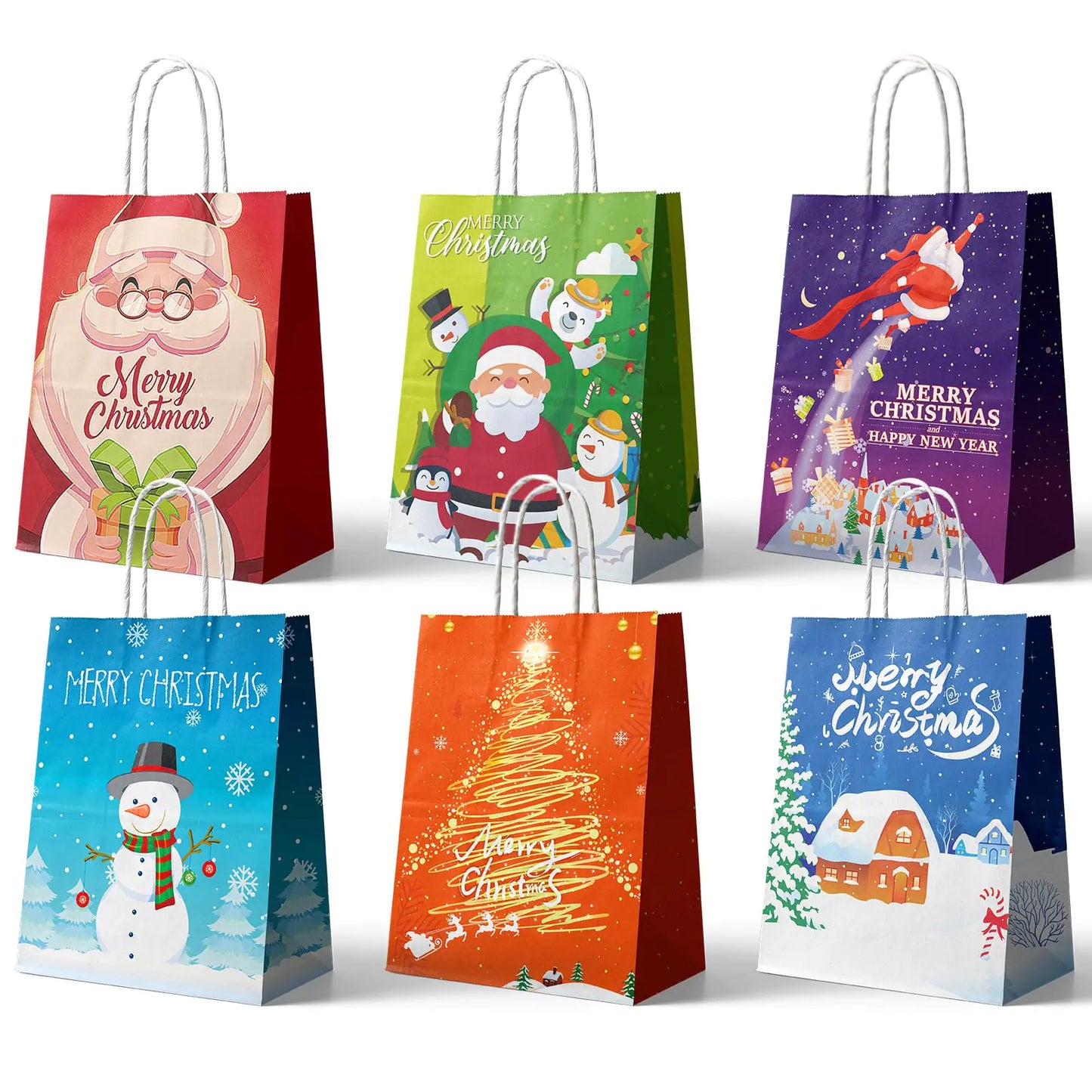 24Pcs Christmas Kraft Gift Bags Holiday Paper Gift Bags Medium Christmas Gift Bags with Handles Christmas Kraft Paper Bags Bulk Christmas Paper Bags with Handles Six Designs for Christmas Holidays Party Favors and Presents