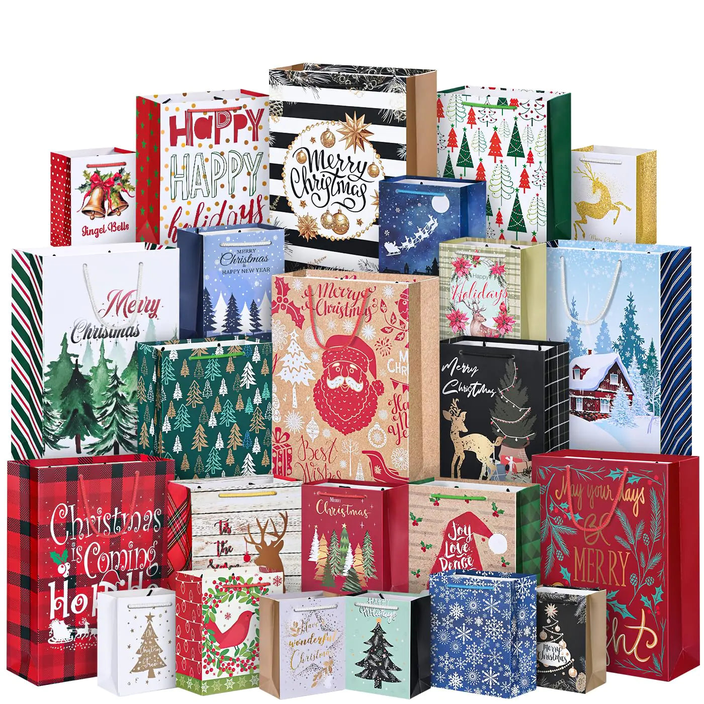24Pack Christmas Gift Bags Assorted Sizes Christmas Bags for Gifts Bulk Christmas Paper Bags with Handle Holiday Gift Bags for Christmas Presents Xmas Party(6 Jumbo6 Large6 Medium6 Small)