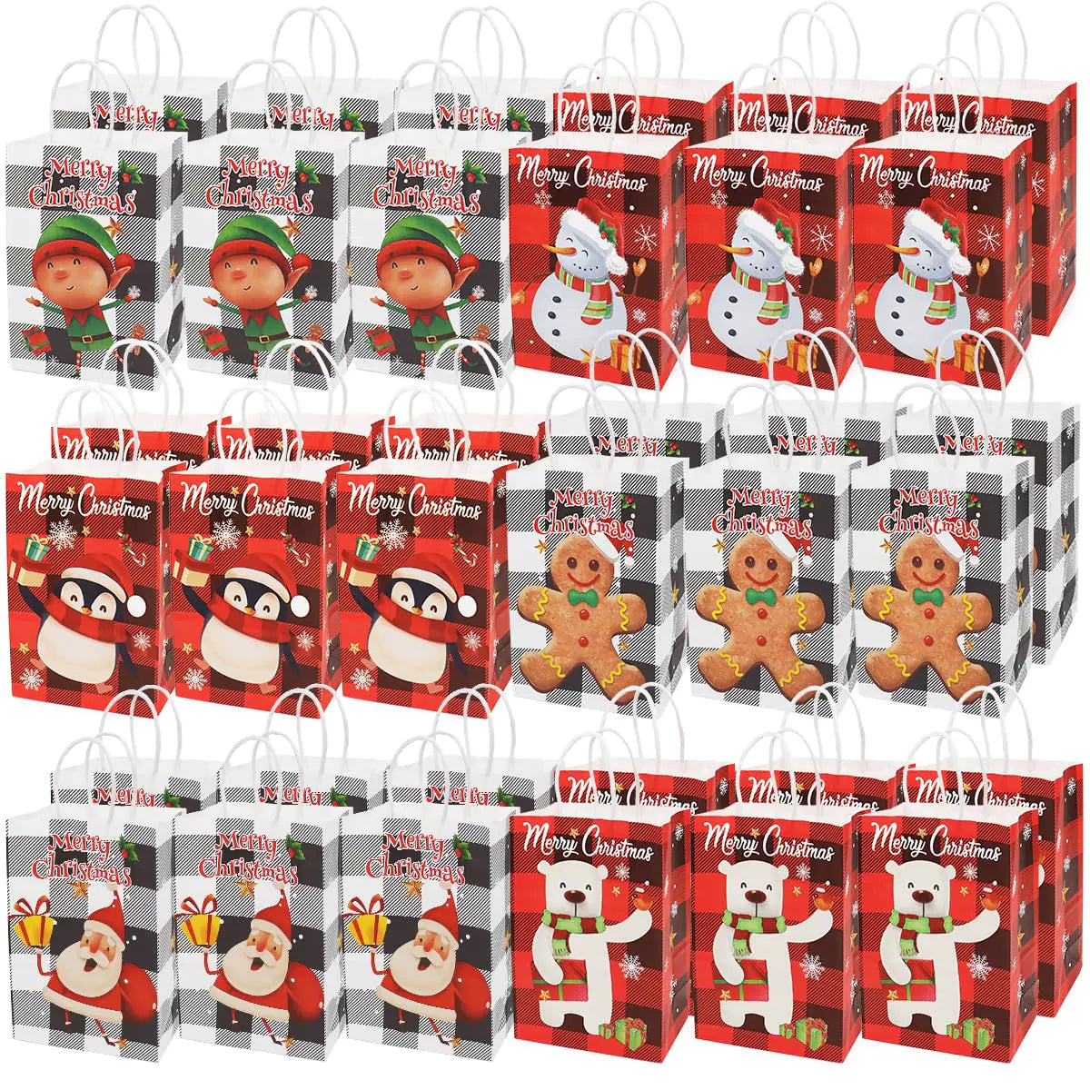 Aviski 36PCS Christmas Gift Bags Assorted Styles Bags Xmas Kraft Paper Bags with Handles Christmas Goodie Bags with Christmas Prints for Xmas Gift Wrapping Christmas Party Supplies