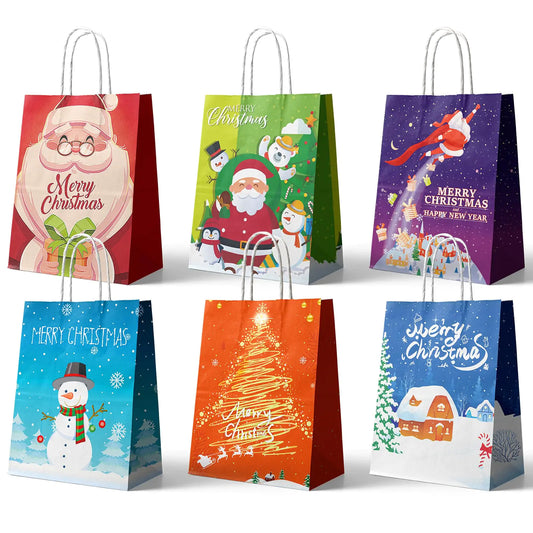 24Pcs Christmas Kraft Gift Bags Holiday Paper Gift Bags Medium Christmas Gift Bags with Handles Christmas Kraft Paper Bags Bulk Christmas Paper Bags with Handles  Six Designs for Christmas Holidays Party Favors and Presents