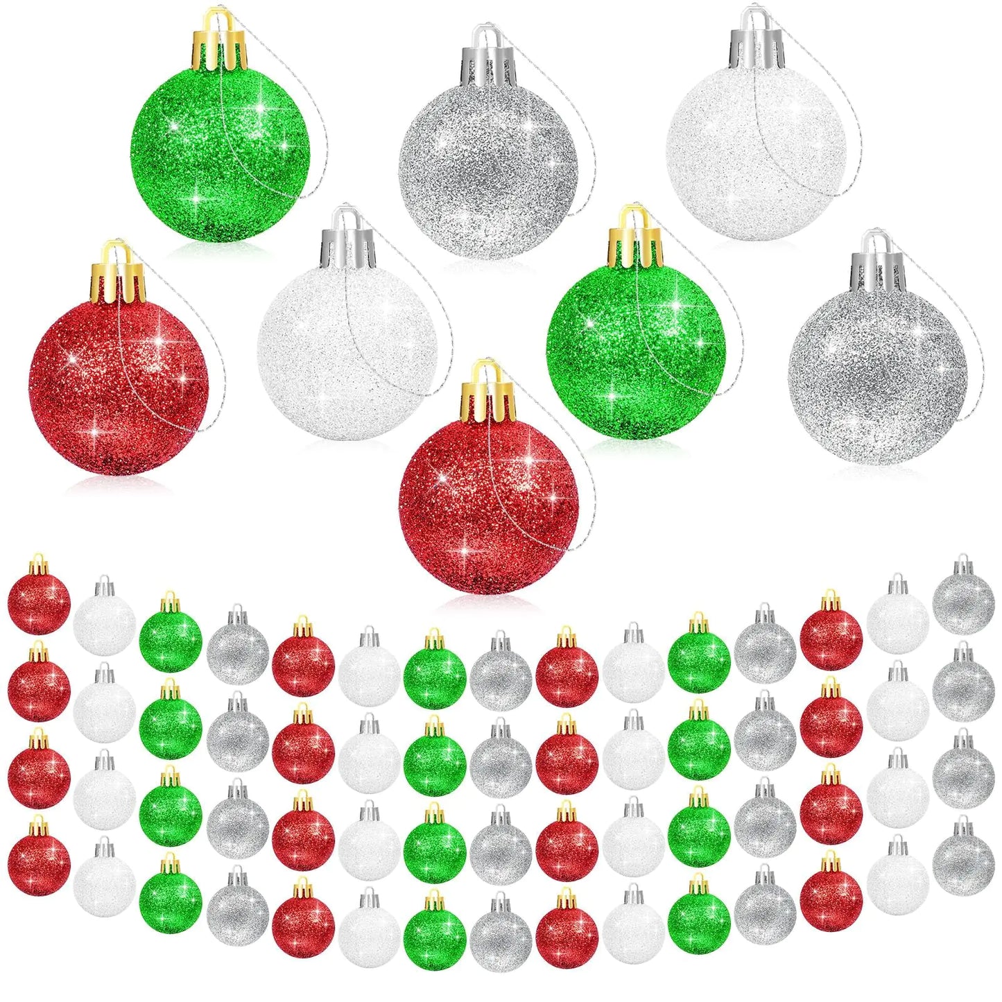 60Pcs Mini Christmas Balls Christmas Tree Decoration Ornaments Shatterproof Glitter Christmas Hanging Balls for Christmas Tree Party Indoor Outdoor Decoration(GreenRedWhiteSilver 1inch-60pcs)