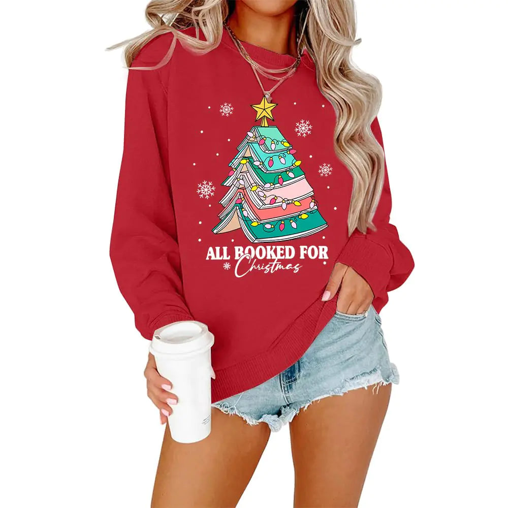 ASTANFY Christmas Sweatshirts for Women All Booked Christmas Sweater Funny Merry Sweatshirt Xmas Holiday Long Sleeve Pullover Red