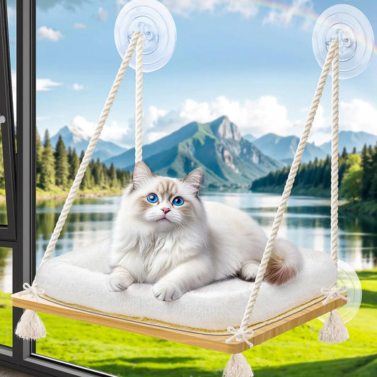 Cat Window Perch Cat Hammock Kitten Window Seat with Cushion Bed Cover Solid Wood Seat with Strong Suction Cups Hanging Kitten Bed for Small Medium Indoor