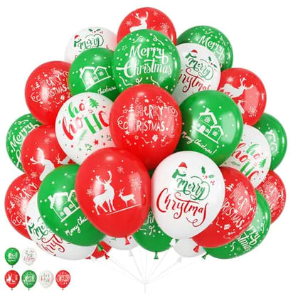 Christmas Balloons 50pcs Red Green White Latex Balloon with Christmas Elk Tree Snowman Printing Balloons Merry Christmas Balloons Set for Christmas New Year Xmas Theme Party Decorations
