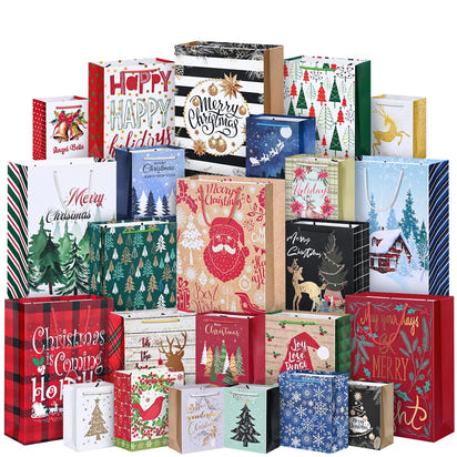 24Pack Christmas Gift Bags Assorted Sizes Christmas Bags for Gifts Bulk Christmas Paper Bags with Handle Holiday Gift Bags for Christmas Presents Xmas Party（6 Jumbo6 Large6 Medium6 Small）